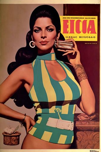 El Producto Cigars magazine advertisement, 1960s, Latina model with curves and muscular arms smoking a cigar, tobacco cigar product photo, chic 1960s cuban fashion, funky retro, mid-century, vintage graphic design, --ar 2:3 --v 4 --q 2
