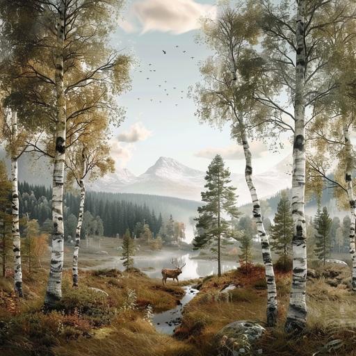 El mural representa un paisaje natural de Suecia en toda su magnificencia. En el fondo, un extenso bosque de abetos y pinos se extiende hasta el horizonte, con montañas suaves que se elevan en la distancia. El cielo azul claro está salpicado de nubes blancas dispersas, añadiendo un toque de serenidad al escenario. En el primer plano, varios animales salvajes de Suecia están dispersos por el paisaje. A la izquierda, un imponente alce camina con gracia entre los árboles, mientras que a la derecha, un zorro rojo observa con curiosidad desde su escondite entre los arbustos. En el centro, un majestuoso oso pardo se encuentra de pie sobre sus patas traseras, examinando su entorno con atención. En la parte superior del mural, un lince se agazapa en una rama, observando silenciosamente la escena con ojos alerta. Cada animal está representado con una calidad fotográfica excepcional, capturando cada detalle de su pelaje, expresión facial y entorno circundante. La luz del sol filtra a través de las hojas de los árboles, creando un juego de luces y sombras que añade profundidad y realismo a la escena. El mural, con dimensiones de 4 metros de largo por 2 metros de alto, está diseñado para inspirar asombro y admiración por la belleza y la diversidad de la naturaleza sueca. Con su estilo realista y su atención al detalle, crea un ambiente acogedor y educativo.