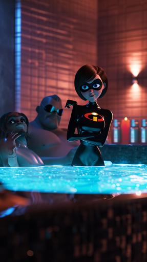 Elastigirl (From The Incredibles)with Mr Incredible and Frozone in a hottub party --ar 9:16 --s 50 --v 6.0
