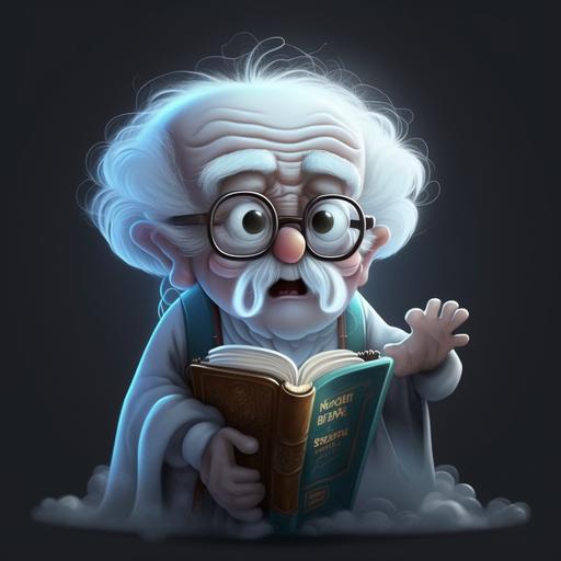 Elderly, full of doubts, white hair, wearing a retro vest, reading glasses, ghost floating, animated monster style