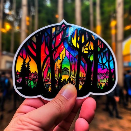 Electric Forest sticker, forest and many colored lights, psychedelic, irregular black border, daylit forest in the background --chaos 80 --v 4