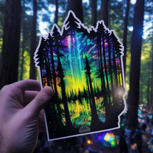 Electric Forest sticker, forest and many colored lights, psychedelic, irregular black border, daylit forest in the background --chaos 80 --v 4