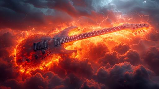 Electric guitar made of chalcedony, Lightning coming down from the sky to strike the guitar, red to orange gradient --v 6.0 --c 18 --s 796 --ar 16:9 --style raw