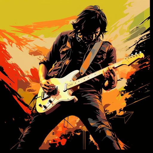 Electric guitar player, poster vector illustration, saturated color field, high contrast, pop art, retro rock, dark amber, red, orange, black, light yellow, painterly style, splatter,