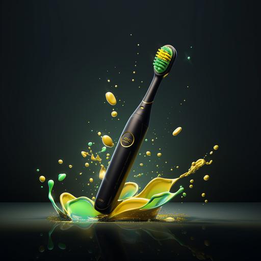 Electric toothbrush, lying flat in black pebbles, with splashes of water, yellow-green color, creamy style, Xiaomi style, simple structure, streamlined design, beautiful e-commerce background, Canon, blurred photography style, realistic rendering, realistic light and color. --ar 1:1 --v 5.2