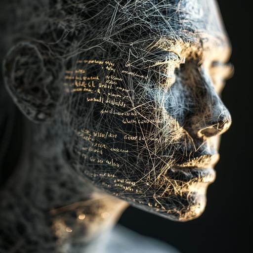 Electroluminescent Wire, creative portrait of King Tut- whose body is covered in chemistry formulas, light white and dark black, close up, synchromism, spirited portraits --ar 1:1 --stylize 250 --v 6.0