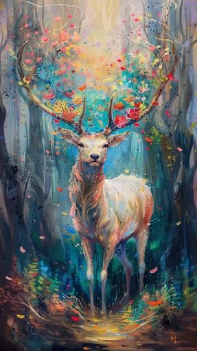 Elegant and gorgeous white elk, full body shot, colorful artistic painting, fresh and bright art style, full of sunny forest, colorful elk with colorful flowers blooming on its head, exuding hope, early morning forest background, sharp Bokeh, grainy and lifelike, colorful oil paints, perfect tones --ar 9:16 --v 6.0