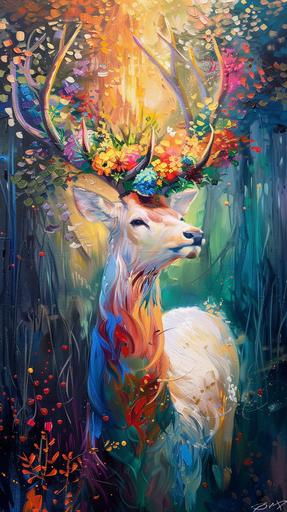Elegant and gorgeous white elk, full body shot, colorful artistic painting, fresh and bright art style, full of sunny forest, colorful elk with colorful flowers blooming on its head, exuding hope, early morning forest background, sharp Bokeh, grainy and lifelike, colorful oil paints, perfect tones --ar 9:16 --v 6.0
