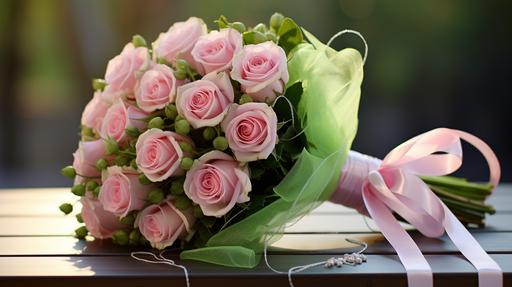 Elegant birthday bouquet tied ribbon: pink roses combining natural light green elements. Ivori background. Environment: sun day. Material: photo. Lighting: bright. Mood: joy. Composition: angle.--v 5 --ar 16:9