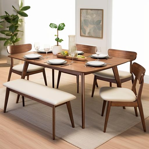 Elegant dining ensemble set in a spacious room. The table, exhibiting mid-century design principles, radiates with its walnut finish. Four chairs, each adorned with plush cream cushions, surround the table. A matching one bench sits on one side, all echoing the design language of functionality and space efficiency. Natural daylight enhances the scene, making the wood grain pop out. ––ar 16:9 ––q 2 ––v 5.2 –style raw