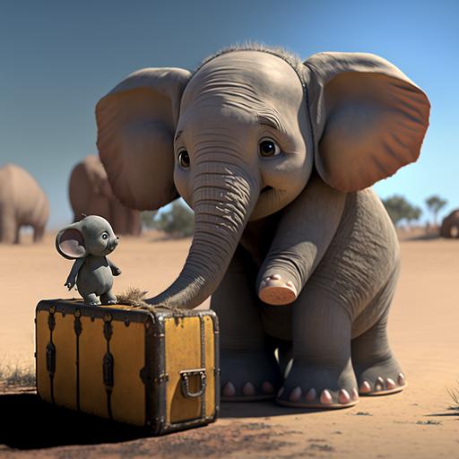Elephant dragging a suitcase ，a hamster sitting on the elephant's head, wise and gentle elephant, mischievous and clever mouse，Cute elephant cub fluffy, 4k, high detailed, sky, cute big circular reflective eyes, Pixar render, unreal engine cinematic smooth, intricate detail, cartoon, hyperrealistic