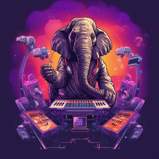 Elephant playing a futuristic drum machine, retro wave purple background