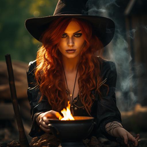 Elizabeth Jane Steele, redhead cowgirl gothwitch, casting spells of love and sapphic transgender desire at a caldera of trans pride colored flame, casting her spells at YOU BABE AT YOU