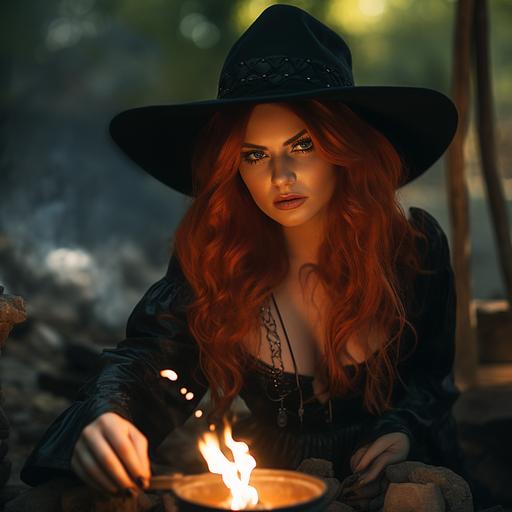 Elizabeth Jane Steele, redhead cowgirl gothwitch, casting spells of love and sapphic transgender desire at a caldera of trans pride colored flame, casting her spells at YOU BABE AT YOU