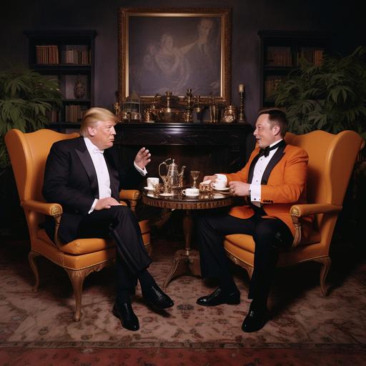 Elon Musk in and orange tuxedos sitting with donald trump in and Ornage tuxedos both smoking cigars and laughing waiting for the bitcoin bull run Capture the essence of reality with the Nikon D850, a powerful camera renowned for its exceptional image quality and versatility. Set the resolution to its maximum of 45.7 megapixels and shoot in RAW for optimal flexibility in post-processing. Utilize the lowest ISO setting to minimize noise, select the appropriate aperture for desired depth of field, and adjust shutter speed based on lighting conditions. Choose a suitable white balance, focus mode, and metering mode for accurate exposure and sharpness. Employ high-quality lenses