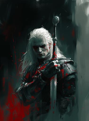 Elric with his black sword, in the style of Royo, zombiecore, xbox 360 graphics, dark white and light black, peter cross, gothic dark intensity --ar 128:173 --c 25 --s 300 --v 6.0