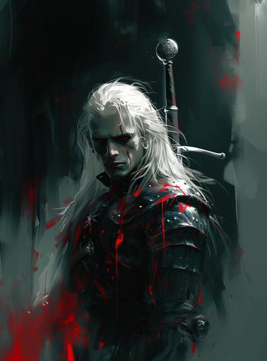 Elric with his black sword, in the style of Royo, zombiecore, xbox 360 graphics, dark white and light black, peter cross, gothic dark intensity --ar 128:173 --c 25 --s 300 --v 6.0