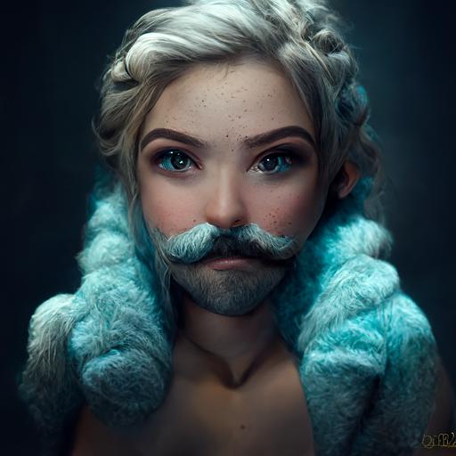 Elsa from Frozen as a real person, photo shoot, with mustache, hairy chest, cotton underwear, goofy pose, cinematic lighting, 8k