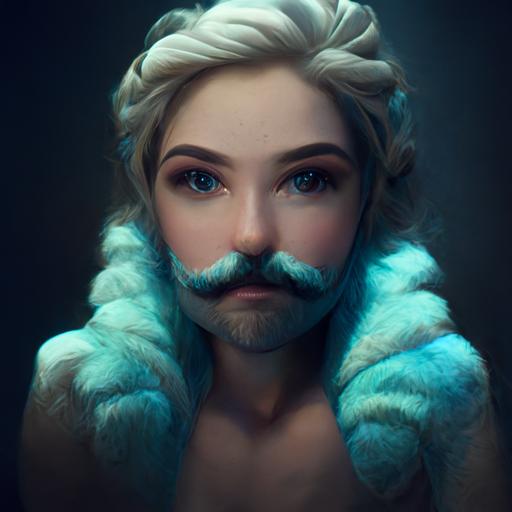 Elsa from Frozen as a real person, photo shoot, with mustache, hairy chest, cotton underwear, goofy pose, cinematic lighting, 8k --uplight