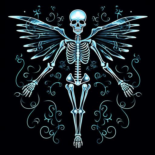 Embark on a whimsical artistic journey by creating an animated x-ray of an angel's skeleton. Craft the front view showing the ribs skull arms and legs and create a back view showing the spine with a cartoon-inspired aesthetic. Use lively lines and color to highlight the skeletal structure while maintaining the angel's ethereal qualities. Allow for transparency in the background to ensure versatility in its usage across different platforms and contexts. make sure it has a biker - street edge to it