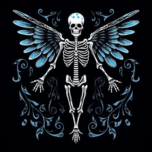 Embark on a whimsical artistic journey by creating an animated x-ray of an angel's skeleton. Craft the front view showing the ribs skull arms and legs and create a back view showing the spine with a cartoon-inspired aesthetic. Use lively lines and color to highlight the skeletal structure while maintaining the angel's ethereal qualities. Allow for transparency in the background to ensure versatility in its usage across different platforms and contexts. make sure it has a biker - street edge to it