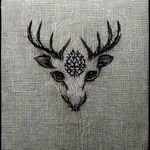 Embroidered portrait of a deer, surrounded by pretty geometric patterns, on white cloth v 4