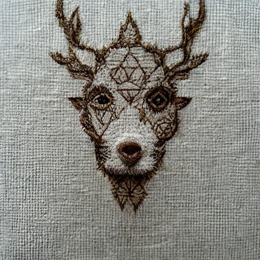 Embroidered portrait of a deer, surrounded by pretty geometric patterns, on white cloth v 4