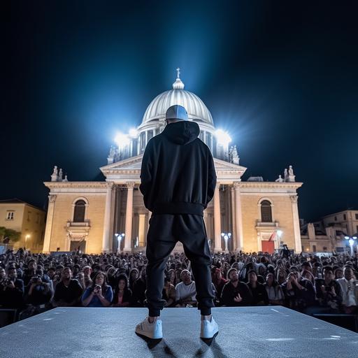 Eminem in Palermo, with Teatro Massimo behind of him, it’s Summer and 11pm
