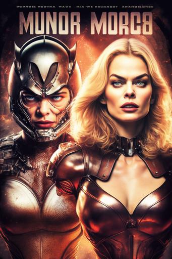 Emma Stone and Margot Robbie mashup, young queen of intergalactic humanlike mechanical warewolves, fighting an army of hungry mechanical humanlike vampires, raw, big chest, open chest, leather, Boris Vallejo style, ultra detailed face, illuminated face, high contrast, sharp edges, full body view, slim, wide hips, leather gloves, boots, vintage movie poster, cosmic graveyard theme, planet Dagobah theme, 1977, cinematic lighting, depth of field, --ar 2:3 --q 2 --v 4