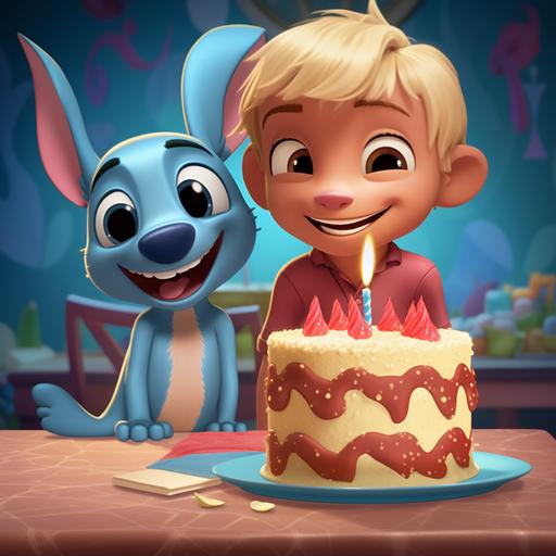 A cartoon like smiling blonde boy in the same stylistics as Lilo and Stitch, who is standing next to smiling Stitch with a birthday cake on the background