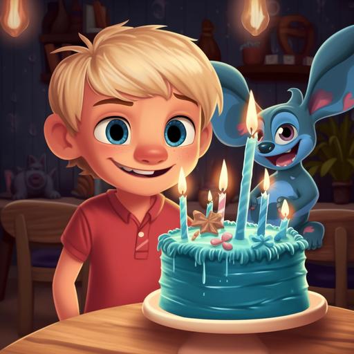 A cartoon like smiling blonde boy in the same stylistics as Lilo and Stitch, who is standing next to smiling Stitch with a birthday cake on the background