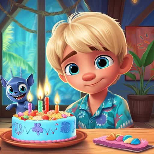 A cartoon like smiling blonde boy with blue eyes with Stitch from Lilo and Stitch next to birthday cake with 6 candles on it and the room is decorated for Hawaian party