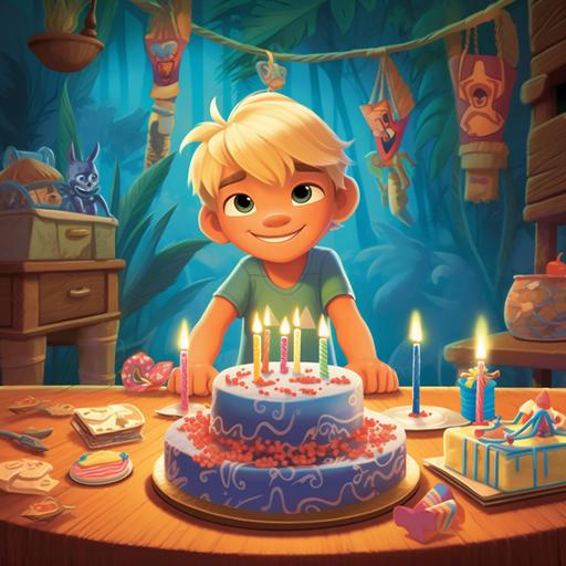 A cartoon like smiling blonde boy with blue eyes with Stitch from Lilo and Stitch next to birthday cake with 6 candles on it and the room is decorated for Hawaian party