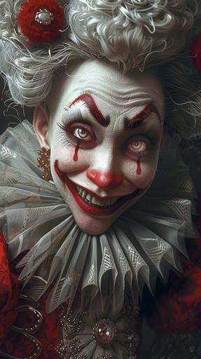 Empress Anna Ivanovna of Russia watches with amusement as the prince and maid exchange vows dressed as a clown and an ugly maid respectively, her lips curling into a wicked smile as she orchestrates their bizarre wedding ceremony. hyper-realistic illustration, 4k ultra hd, cinematic, photo realism, cinematography. --ar 9:16