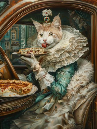 Empress Sisi of Austria, as a cat, sits in a car and eats a quiche, --ar 3:4