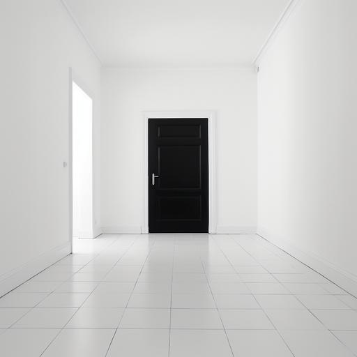 Empty room, 3 white walls, white tiles on the floor, white baseboards, black door. No windows. - no windows