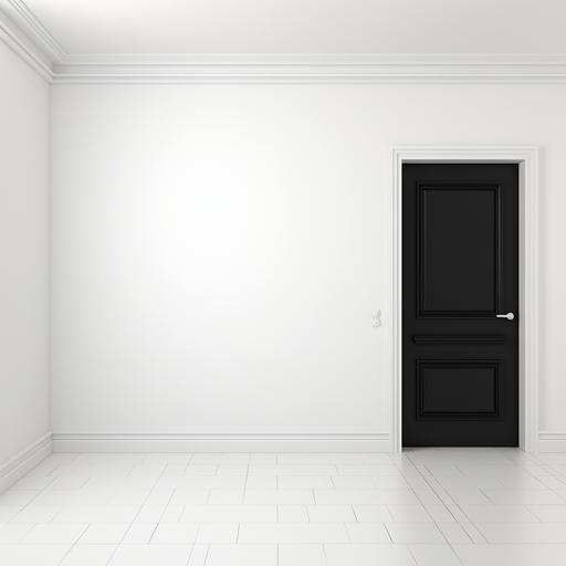 Empty room, 3 white walls, white tiles on the floor, white baseboards, black door. No windows. - no windows