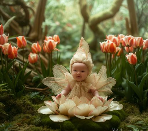 Enchanting baby photography, Anne Geddes inspired, featuring a baby dressed in a tulip fairy costume. The costume includes delicate petal wings and a soft, tulip-shaped hat. The baby is posed on a bed of lush green moss, surrounded by real tulips. The lighting is ethereal and magical, enhancing the fairy-tale-like setting. The background is a mystical forest scene, slightly blurred to focus on the baby fairy. Prompt by Creative Photo Prompt Expert GPT created by M A Aguilar. --s 250 --c 10 --ar 113:100 --no hands, fingers, closed eyes, deformity --v 6.0 --style raw