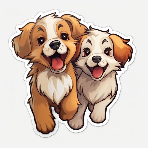 Energetic and fluffy puppies chasing their tails with wagging tongues, cartoon style, transparent background, shown as a sticker, 4k