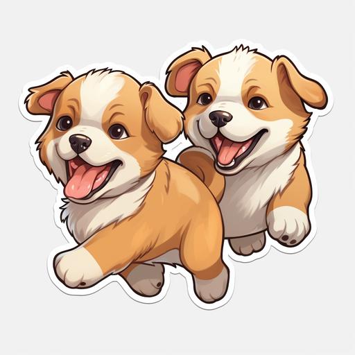 Energetic and fluffy puppies chasing their tails with wagging tongues, cartoon style, transparent background, shown as a sticker, 4k