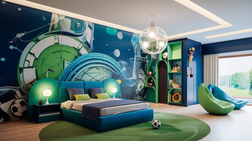 Energetic modern boy's bedroom in a Dubai house, featuring vibrant blue and green colors, soccer ball décor, toy cars, Islamic geometric patterns on walls, Arabic calligraphy art above bed, 3D rendering from corner perspective, 18K， --ar 16:9 --v 5.2