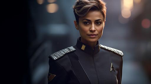 Ensign Samira Khan, a lesbian officer, wearing Starfleet uniforms with polyester accents, symbolizing their shared commitment to justice and acceptance. Release Year: 2399. in the style of Star Trek Picard --ar 16:9 --v 5.1