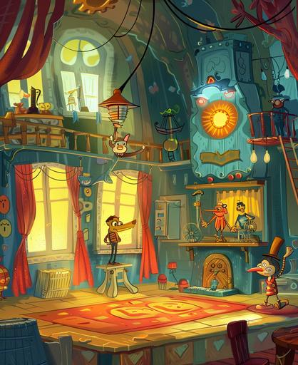 Enter a whimsical puppet playhouse, where the character interacts with lively puppets and enjoys a puppet show. cartoon style, thick lines, vivid color --ar 9:11