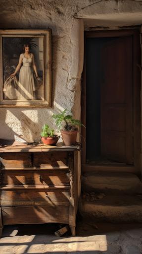 Entrance corridor of an old stone house in Corsica inhabited by a peasant woman. Wooden chest of drawers in the hallway with a photo of a young brunette woman. Ultra-realistic photo. Ultra detailed. 8K. --ar 9:16