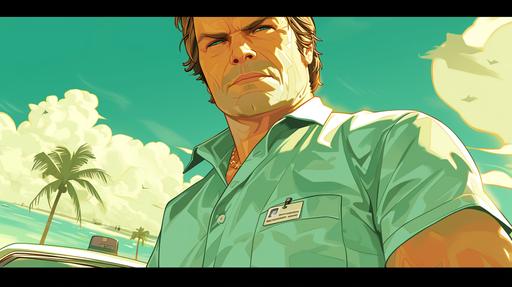 Envision Dexter Morgan as a distinctive character in the iconic video game 'Grand Theft Auto: Vice City.' Dexter is styled in the game's characteristic, slightly exaggerated and colorful art style, reflecting the vibrant and often gritty atmosphere of Vice City. He's dressed in his typical forensic analyst attire – a light green button-up shirt and dark slacks, with his ID badge hanging around his neck, but with an added edgy flair to fit the game's aesthetic. Dexter is positioned in a dynamic Vice City scene, perhaps near the beach or in the neon-lit downtown area, complete with 1980s style architecture and cars. The mood is a mix of Vice City's notorious high-energy crime and action vibe with Dexter's methodical and calculated nature. Around him are elements from both worlds: forensic tools in his hand, and in the background, the city's unique blend of palm trees, flashy sports cars, and retro billboards. Dexter is depicted with a cunning, yet somewhat detached expression, capturing his dual life as a forensic expert and a vigilante. The scene is bustling with Vice City's typical pedestrians and vehicles, giving a sense of life and movement. Include a Vice City style HUD (Heads-Up Display) in one corner of the image, with Dexter's face as an icon, health bar, and a wanted level indicator. --ar 16:9 --niji 6
