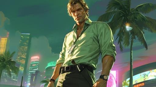 Envision Dexter Morgan as a distinctive character in the iconic video game 'Grand Theft Auto: Vice City.' Dexter is styled in the game's characteristic, slightly exaggerated and colorful art style, reflecting the vibrant and often gritty atmosphere of Vice City. He's dressed in his typical forensic analyst attire – a light green button-up shirt and dark slacks, with his ID badge hanging around his neck, but with an added edgy flair to fit the game's aesthetic. Dexter is positioned in a dynamic Vice City scene, perhaps near the beach or in the neon-lit downtown area, complete with 1980s style architecture and cars. The mood is a mix of Vice City's notorious high-energy crime and action vibe with Dexter's methodical and calculated nature. Around him are elements from both worlds: forensic tools in his hand, and in the background, the city's unique blend of palm trees, flashy sports cars, and retro billboards. Dexter is depicted with a cunning, yet somewhat detached expression, capturing his dual life as a forensic expert and a vigilante. The scene is bustling with Vice City's typical pedestrians and vehicles, giving a sense of life and movement. Include a Vice City style HUD (Heads-Up Display) in one corner of the image, with Dexter's face as an icon, health bar, and a wanted level indicator. --ar 16:9 --niji 6