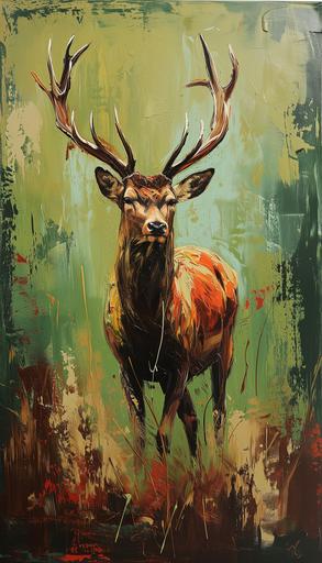 Envision a brown and crimson abstract Deer painted in oil on a textured canvas, set against a stark green background, creating a striking contrast that highlights the fluidity and grace of the traditional figure --ar 4:7 --style raw --v 6.0