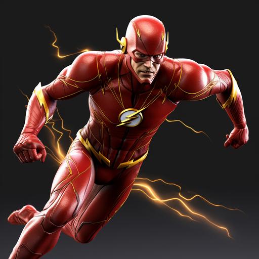 Envision a hyper-realistic and dynamic scene showcasing a high-speed race between two legendary superheroes. On one side, a hero in a sleek, vibrant red suit with striking gold and yellow accents. His costume features a distinct lightning bolt emblem in gold on the chest, set against a white circle. The headgear, a red cowl with small, lightning bolt-shaped earpieces, frames his determined face. His gloves and boots, also red, are trimmed with gold, complementing the sleekness of the suit. A gold belt, adorned with a simplified lightning bolt, encircles his waist. The costume is form-fitting, designed for aerodynamics, emphasizing his super-speed abilities. Surrounding him are dazzling yellow and orange lightnings, crackling and surging with energy, illuminating his path with a dramatic and electric aura. Beside him races another hero in a blue suit with a red cape, marked by an 'S' emblem. They are moving at an extraordinary velocity, the background a streaked blur, underscoring the speed of their contest. Both faces show intense determination and friendly rivalry, capturing the essence of this exhilarating race.