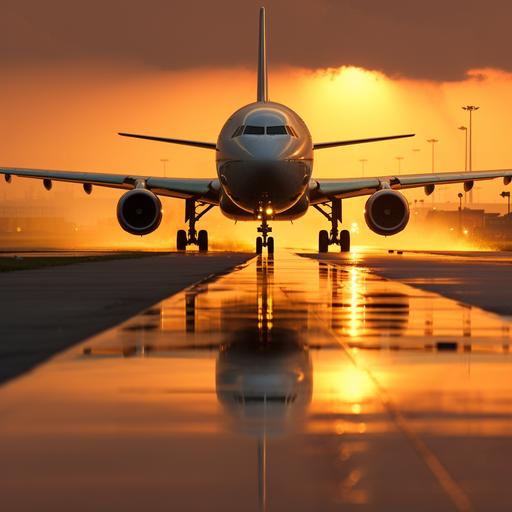 Envision a pristine airport runway under the golden hues of a setting sun. As the last rays shimmer on the tarmac, a modern airplane accelerates, its engines roaring with power. The plane's wings flex slightly, capturing the ambient light, creating a dance of reflections. Puffs of smoke arise from the tires, marking the exact moment of take-off. In the background, the airport fades, and the horizon beckons, symbolizing the start of a new journey. The sky above is painted in a gradient of oranges, purples, and deep blues, and the first stars of the evening begin to twinkle, hinting at the vast world awaiting exploration Cinematic, Photoshoot, Shot on 25mm lens, Depth of Field, DOF, Tilt Blur, Shutter Speed 1/1000, F/8, White Balance, 32k, Super-Resolution, Megapixel, Pro Photo RGB, VR, Lonely, Good, Massive, Half rear Lighting, Backlight, Dramatic Lighting, Incandescent, Optical Fiber, Moody Lighting, Cinematic Lighting, Studio Lighting, Soft Lighting, Volumetric, Conte-Jour, Beautiful Lighting, Accent Lighting, Global Illumination, Screen Space Global Illumination, Ray Tracing Global Illumination, Optics, Scattering, Glowing, Shadows, Rough, Shimmering, Ray Tracing Reflections, Lumen Reflections, Screen Space Reflections, Diffraction Grading, Chromatic Aberration, GB Displacement, Scan Lines, Ray Traced, ray Tracing Ambient Occlusion, Anti-Aliasing, FKAA, TXAA, RTX, SSAO, Shaders, OpenGL-Shaders, GLSL-Shaders, Post Processing, Post-Production, Cell Shading, Tone Mapping, CGI, VFX, SFX, insanely detailed and intricate, hyper maximalist, elegant, super detailed, dynamic pose, photography, volumetric, ultra-detailed, intricate details, 8K, super detailed, ambient