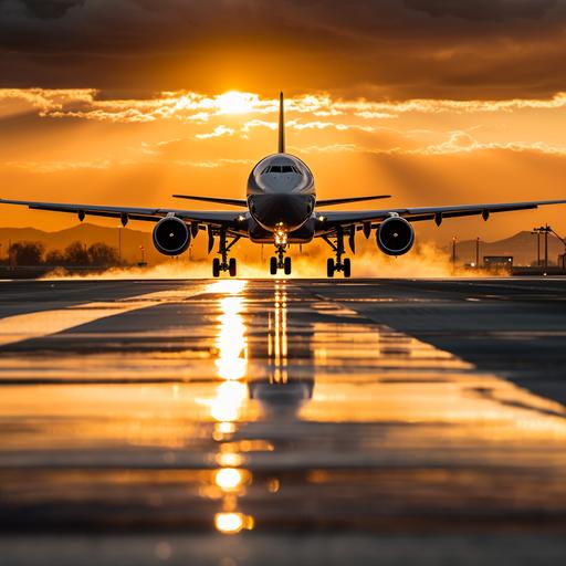 Envision a pristine airport runway under the golden hues of a setting sun. As the last rays shimmer on the tarmac, a modern airplane accelerates, its engines roaring with power. The plane's wings flex slightly, capturing the ambient light, creating a dance of reflections. Puffs of smoke arise from the tires, marking the exact moment of take-off. In the background, the airport fades, and the horizon beckons, symbolizing the start of a new journey. The sky above is painted in a gradient of oranges, purples, and deep blues, and the first stars of the evening begin to twinkle, hinting at the vast world awaiting exploration Cinematic, Photoshoot, Shot on 25mm lens, Depth of Field, DOF, Tilt Blur, Shutter Speed 1/1000, F/8, White Balance, 32k, Super-Resolution, Megapixel, Pro Photo RGB, VR, Lonely, Good, Massive, Half rear Lighting, Backlight, Dramatic Lighting, Incandescent, Optical Fiber, Moody Lighting, Cinematic Lighting, Studio Lighting, Soft Lighting, Volumetric, Conte-Jour, Beautiful Lighting, Accent Lighting, Global Illumination, Screen Space Global Illumination, Ray Tracing Global Illumination, Optics, Scattering, Glowing, Shadows, Rough, Shimmering, Ray Tracing Reflections, Lumen Reflections, Screen Space Reflections, Diffraction Grading, Chromatic Aberration, GB Displacement, Scan Lines, Ray Traced, ray Tracing Ambient Occlusion, Anti-Aliasing, FKAA, TXAA, RTX, SSAO, Shaders, OpenGL-Shaders, GLSL-Shaders, Post Processing, Post-Production, Cell Shading, Tone Mapping, CGI, VFX, SFX, insanely detailed and intricate, hyper maximalist, elegant, super detailed, dynamic pose, photography, volumetric, ultra-detailed, intricate details, 8K, super detailed, ambient